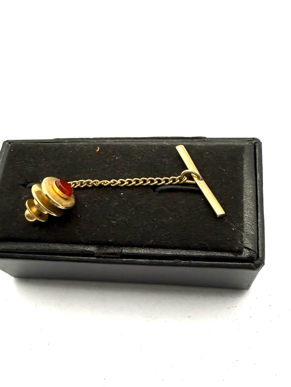 Gold Tone Red Stone Tie Pin with Chain